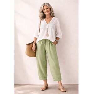 TSD Two Star Dog Green 100% Hemp Lagenlook Boho Cropped Wide Leg Lace‎ Pants M